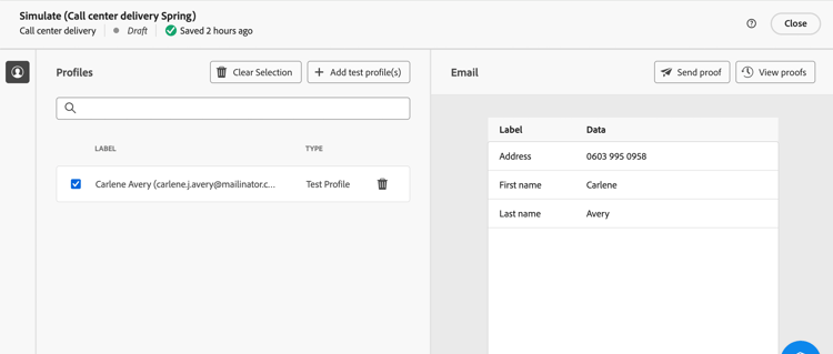 Schermata che mostra l'opzione Simula contenuto nella pagina del contenuto della consegna