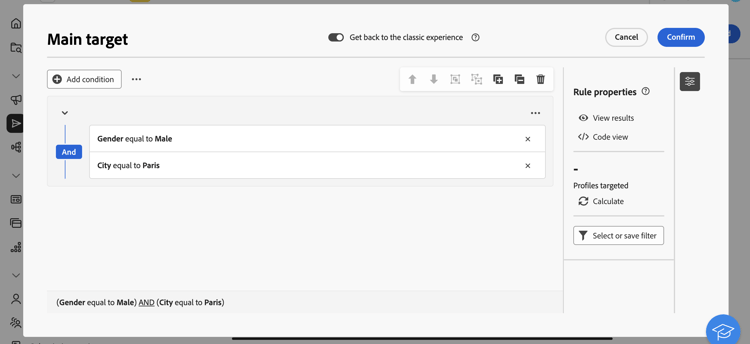 Schermata che mostra la selezione del pubblico per una consegna al call center