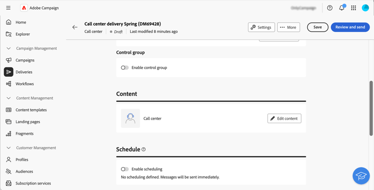 Schermata che mostra la modifica del contenuto per una consegna al call center