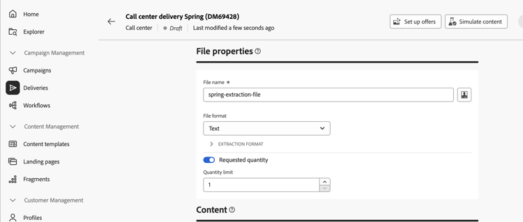 Schermata che mostra l'opzione Simula contenuto nella pagina del contenuto della consegna
