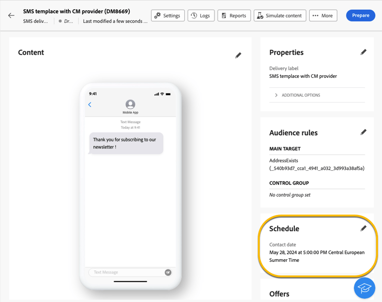 Verifica pianificazione SMS
