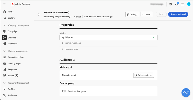Schermata che mostra la configurazione delle proprietà per una consegna personalizzata