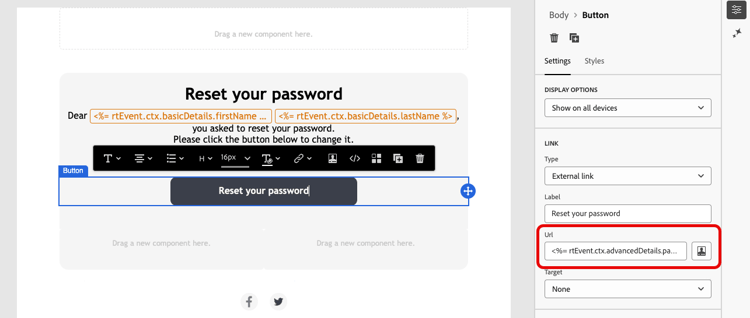Schermata che mostra la personalizzazione del pulsante Reimposta password.