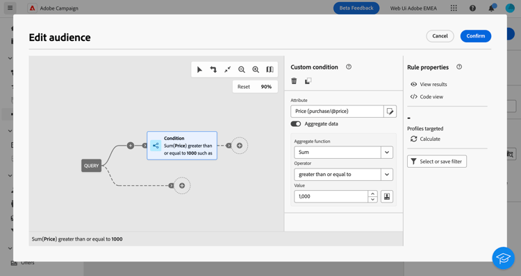 Schermata dell'opzione Aggregate data