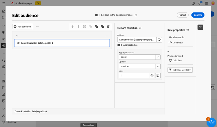 Schermata dell'opzione Aggregate data
