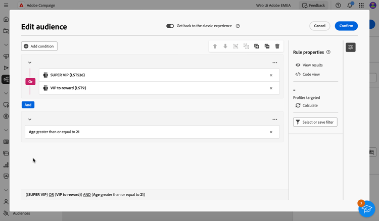 Esempio di query nel nuovo generatore di regole