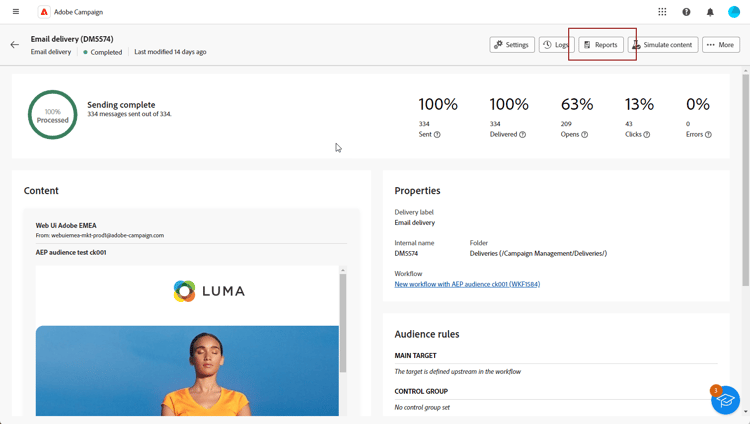 Dashboard di consegna che mostra l'opzione Report