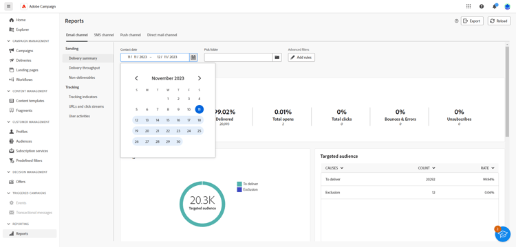 Schermata che mostra il dashboard con opzioni per selezionare l'ora di inizio e di fine per il targeting dei dati