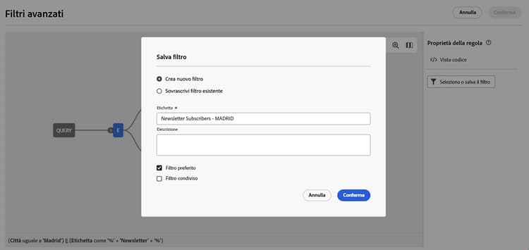 Interfaccia per salvare i dettagli di un filtro