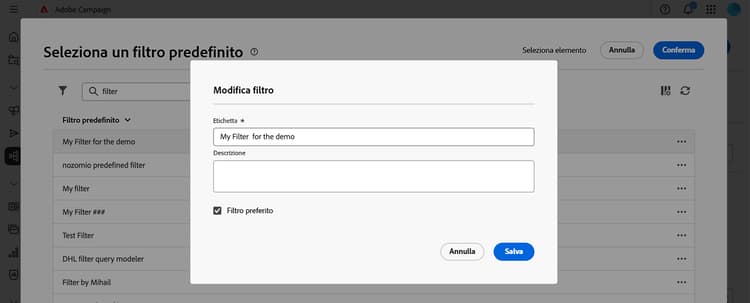 Modifica dei filtri preimpostati