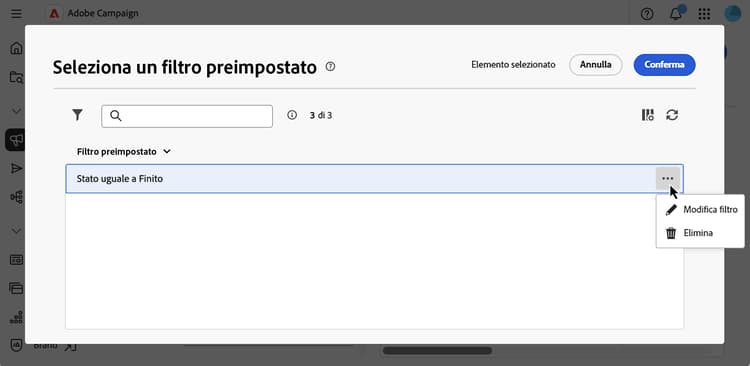 Interfaccia dell’elenco dei filtri preimpostati