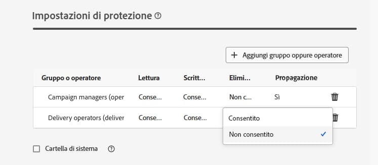 Esempio di autorizzazioni negate nelle impostazioni di sicurezza della cartella