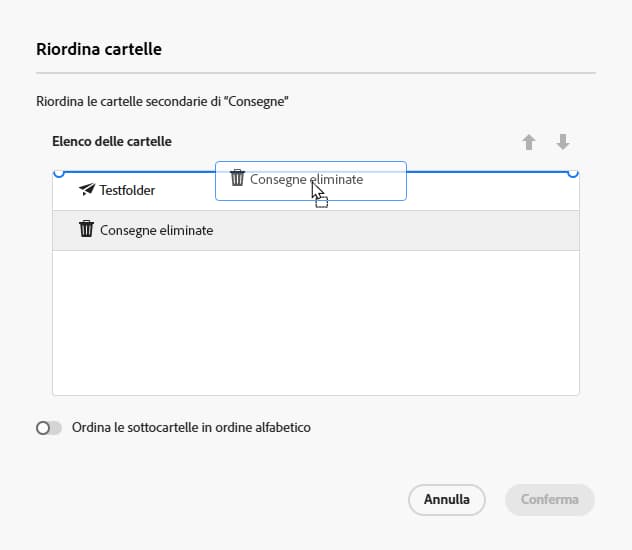 Funzionalità di trascinamento per il riordinamento delle cartelle