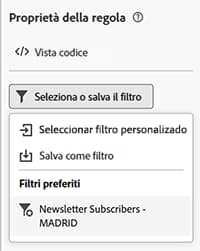 Sezione Filtri preferiti