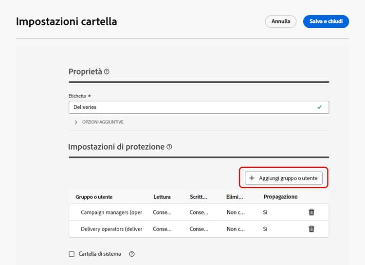 Esempio di impostazioni di sicurezza della cartella in Adobe Campaign