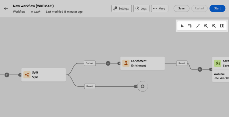 Opzioni della barra degli strumenti per l'area di lavoro del flusso di lavoro