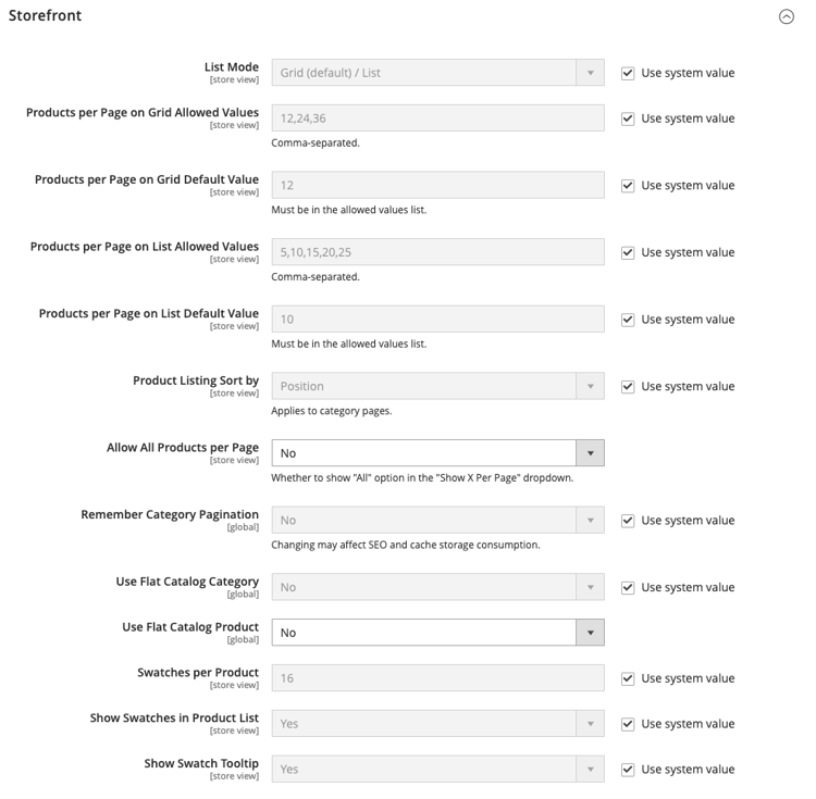 Opzioni di configurazione vetrina