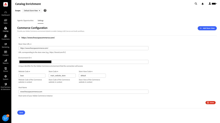 Configurazione Commerce nella scheda Impostazioni di arricchimento del catalogo
