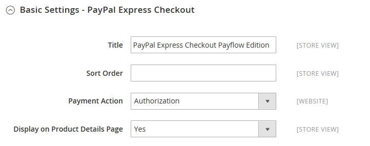 Impostazioni di base cassa PayPal Express