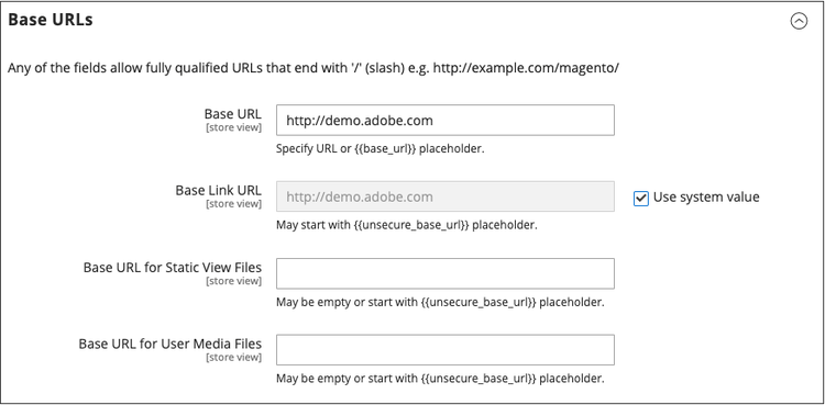 Configurazione generale - URL di base Web