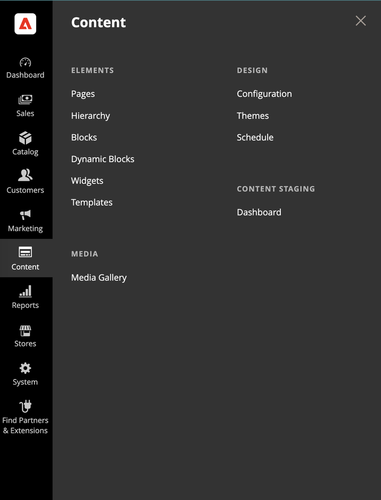 Il menu Content visualizzato nell'amministratore