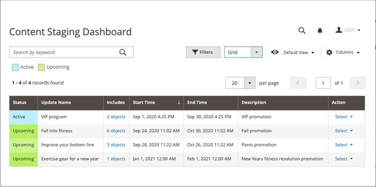 Dashboard di gestione temporanea nella visualizzazione griglia