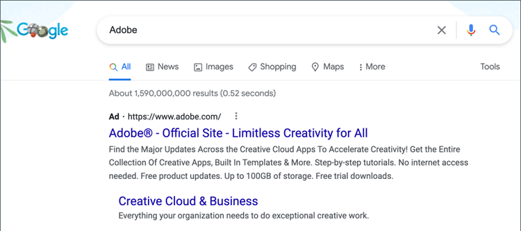 Annuncio di Adobe nei risultati di ricerca di Google