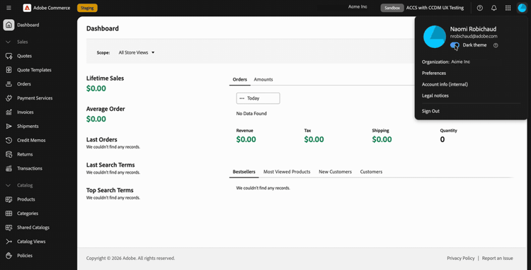 Menu account con modalità scura