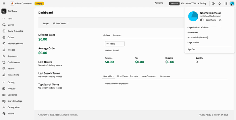 Menu account con modalità scura
