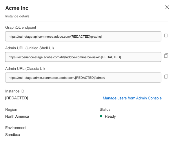Illustrazione dei dettagli dell'istanza di Commerce Cloud Manager che mostra i collegamenti all'URL amministratore (interfaccia utente di Unified Shell) e all'URL amministratore (interfaccia classica)