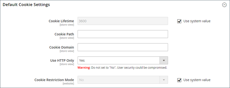 Configurazione Web - impostazioni cookie predefinite