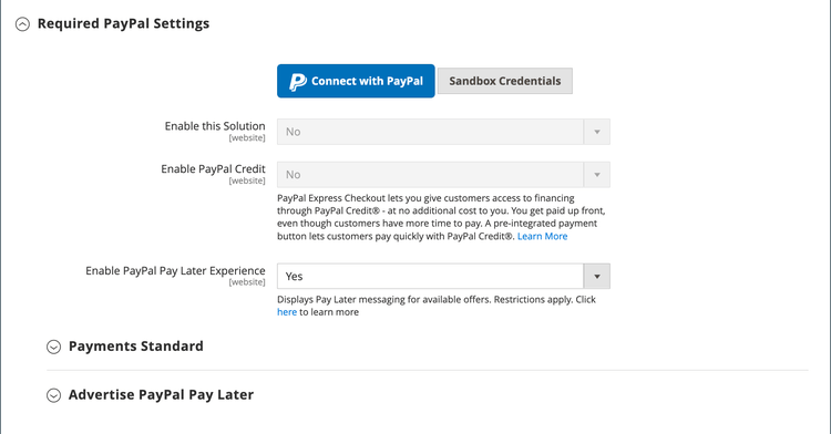Configurazione standard pagamenti PayPal