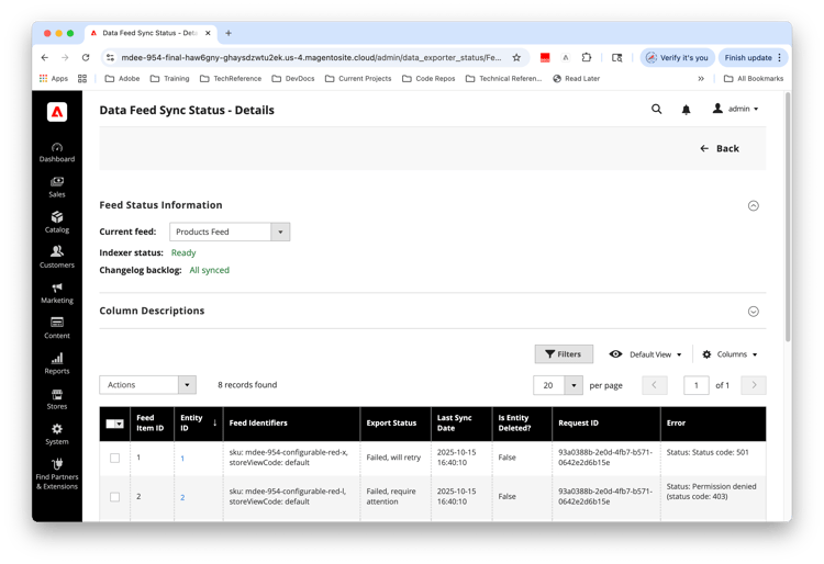 Data Feed Sync Status - Details pagina con report sullo stato degli elementi di feed