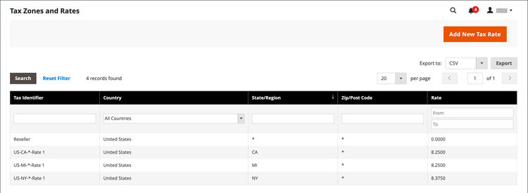 Aliquote fiscali per l'importazione dei dati