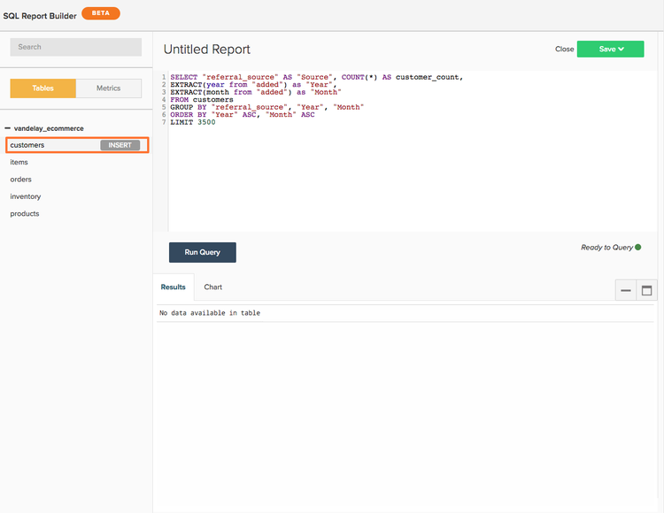 Inserimento di una tabella nelleditor SQL.