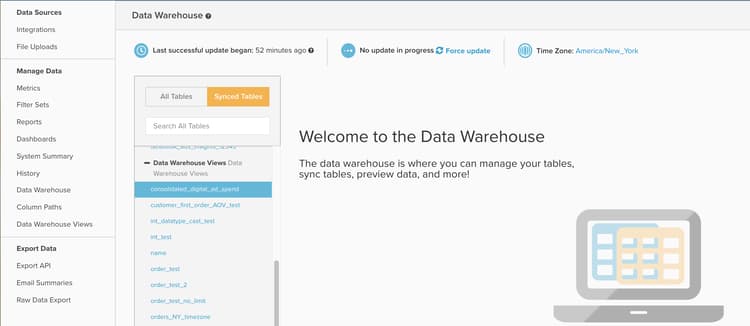 Interfaccia Data Warehouse con le opzioni di gestione delle tabelle