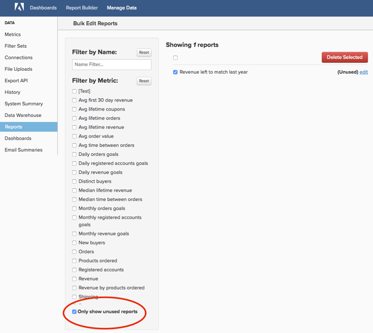 Elenco dei report inutilizzati che mostra i report non presenti in alcun dashboard