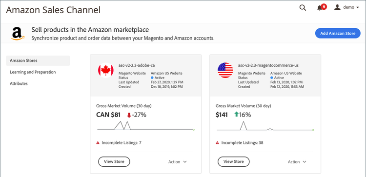 Home page del canale di vendita Amazon