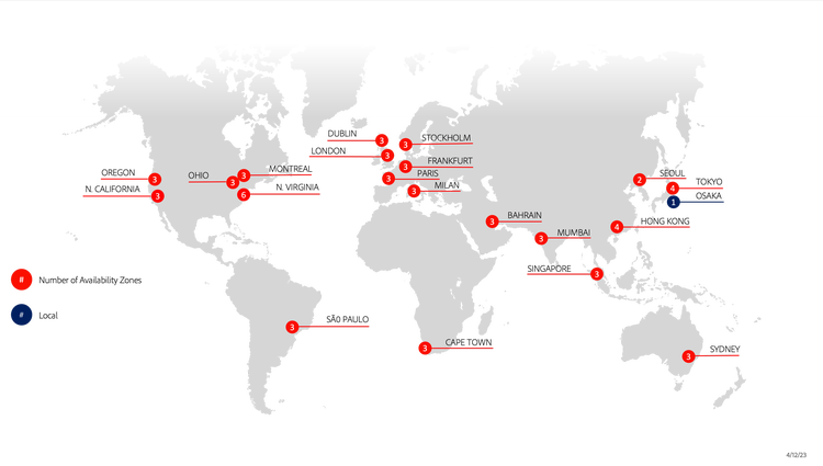 Diagramma che mostra le aree geografiche di AWS