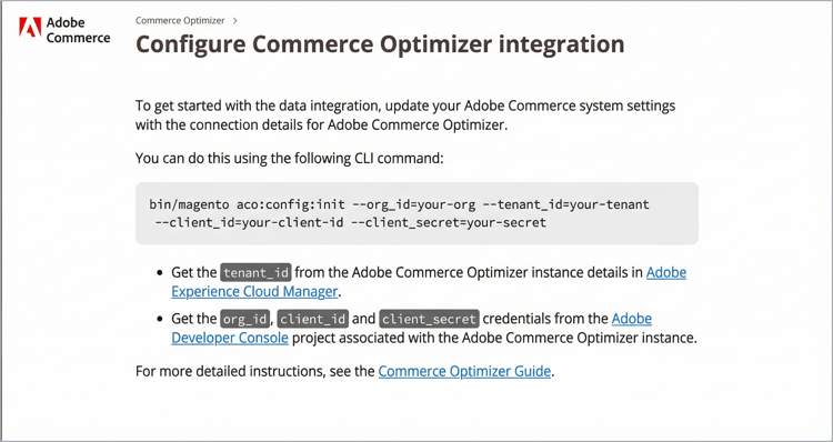 Adobe Commerce Optimizer pagina di configurazione