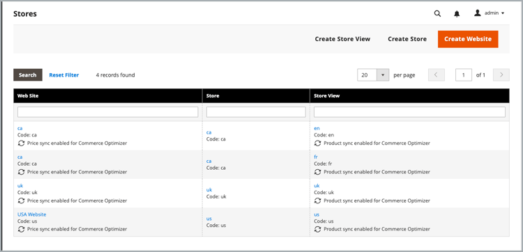 Archivia griglia con impostazioni di sincronizzazione Commerce Optimizer