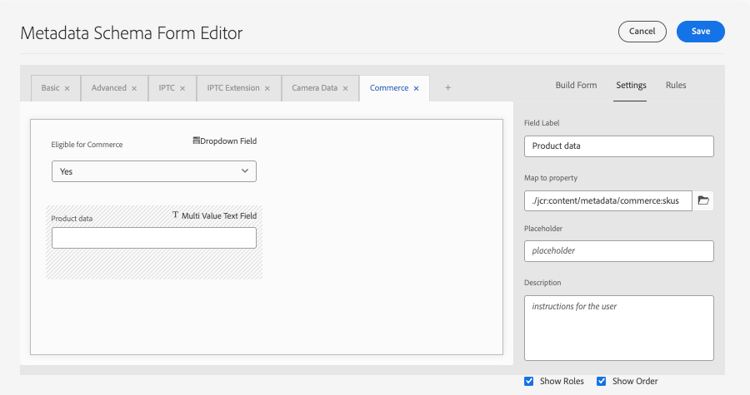 Scheda Commerce per modulo schema metadati AEM Assets