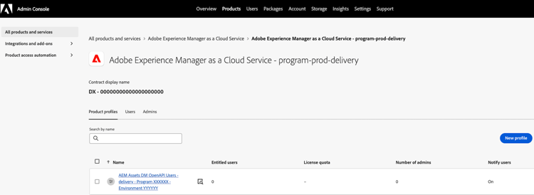 Profilo prodotto Admin Console per la consegna AEM Assets