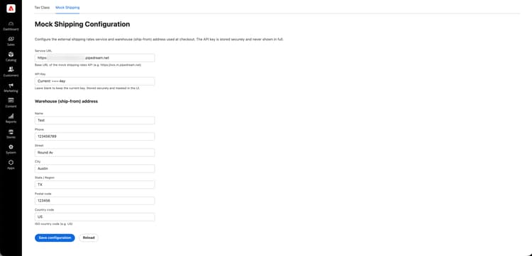 Modulo di configurazione per spedizione fittizia con URL del servizio, chiave API e indirizzo warehouse