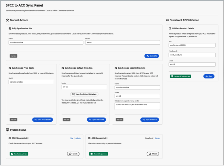 Interfaccia utente per la gestione di Salesforce Commerce Connector