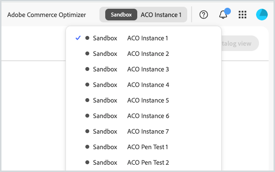 Elenco a discesa del commutatore di istanza per la selezione degli ambienti Adobe Commerce Optimizer