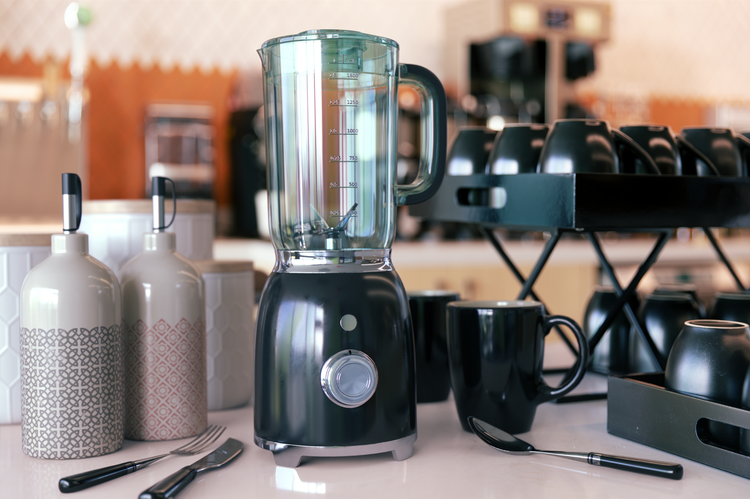 Foto virtuale fotorealistica di apparecchi 3D composti in una scena da banco in cucina