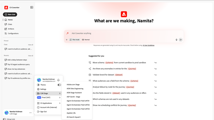 Menu account con selettore organizzazione aperto