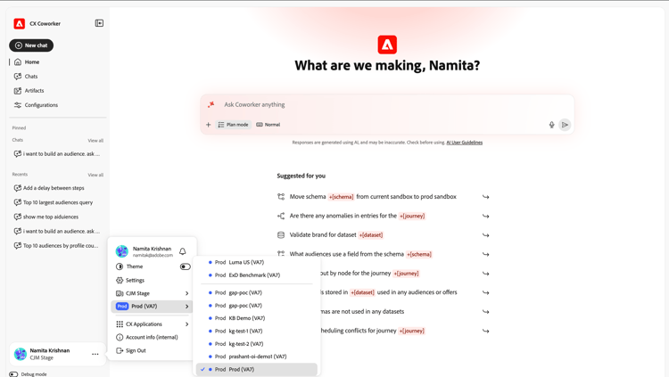 Menu account con selettore sandbox aperto