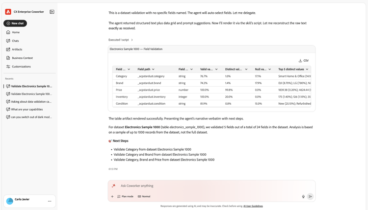 Tabella chat collaboratore con i risultati della convalida per cinque campi selezionati automaticamente nel set di dati Electronics Sample 1000: Categoria, Marchio, Prezzo, Inventario e Condizione.